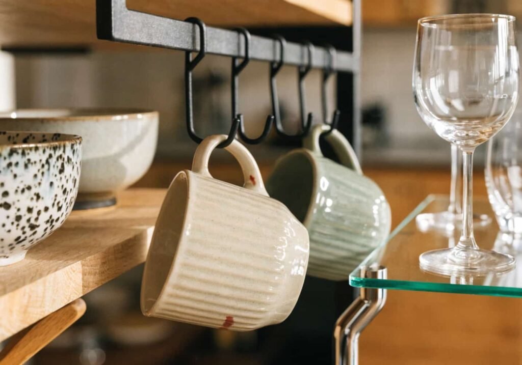 Space-saving open shelving ideas for small kitchens.