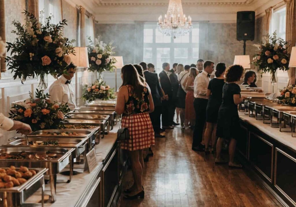 Double buffet line setup for smooth guest flow at an indoor wedding reception.
