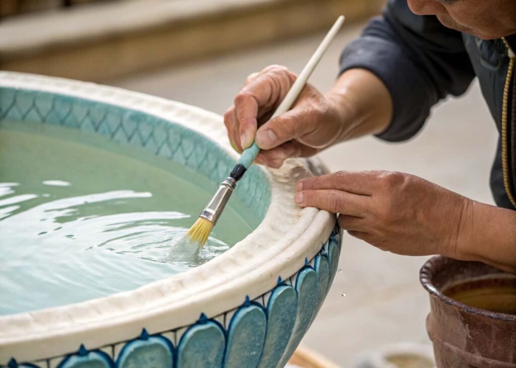Applying waterproof pond sealant to the inside of a DIY fountain basin.