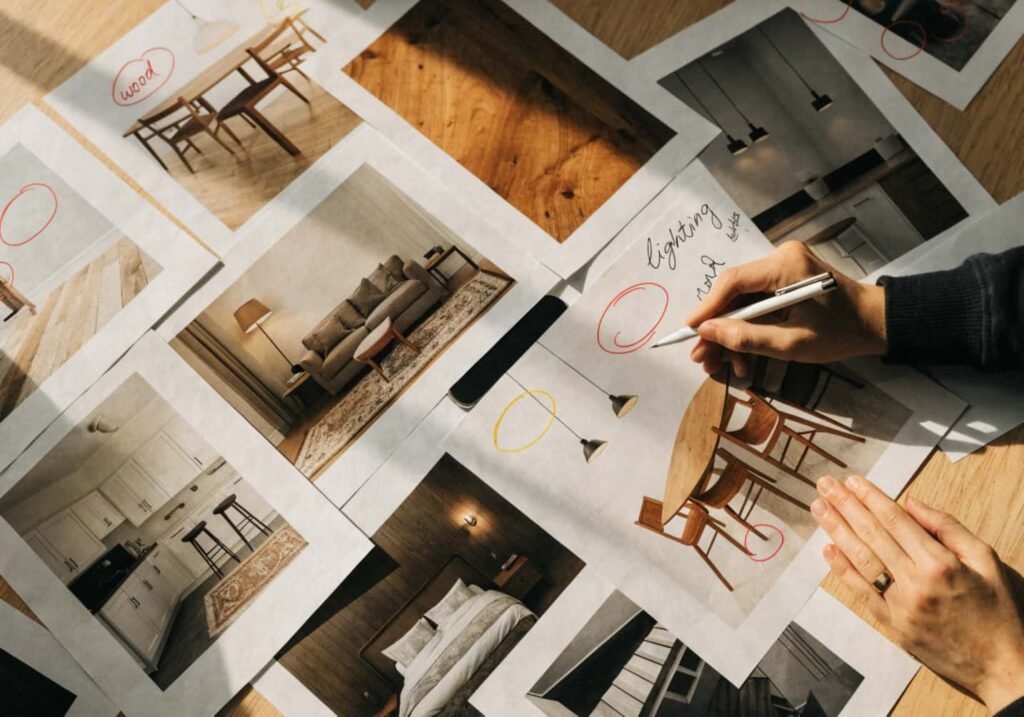 A collage of saved decor inspiration images spread out on a table, showing a person circling repeating elements like wood tones and lighting fixtures across different photos.