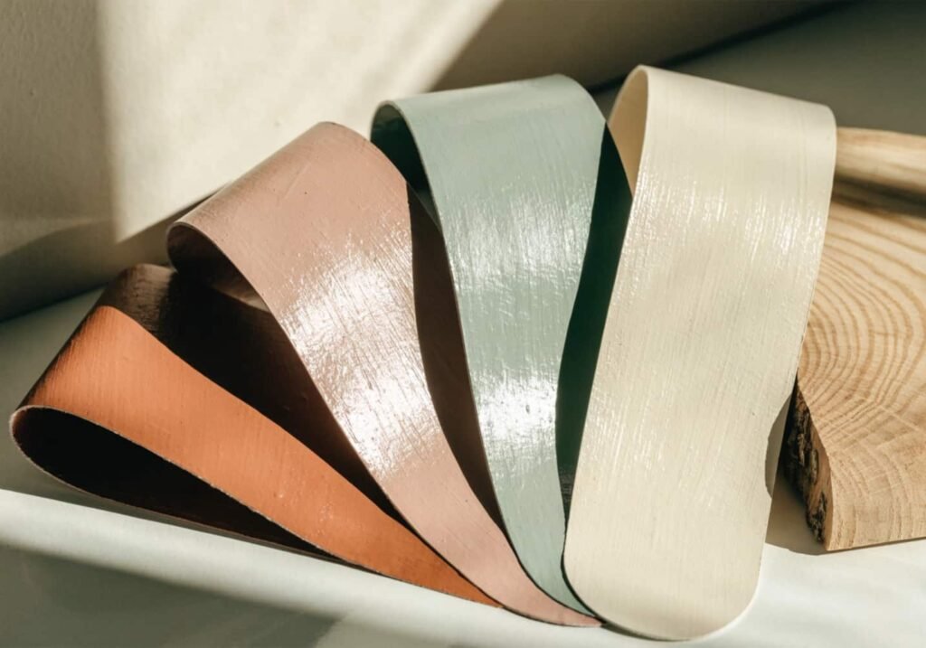 Warm colour paint swatches compared against natural oak wood tone