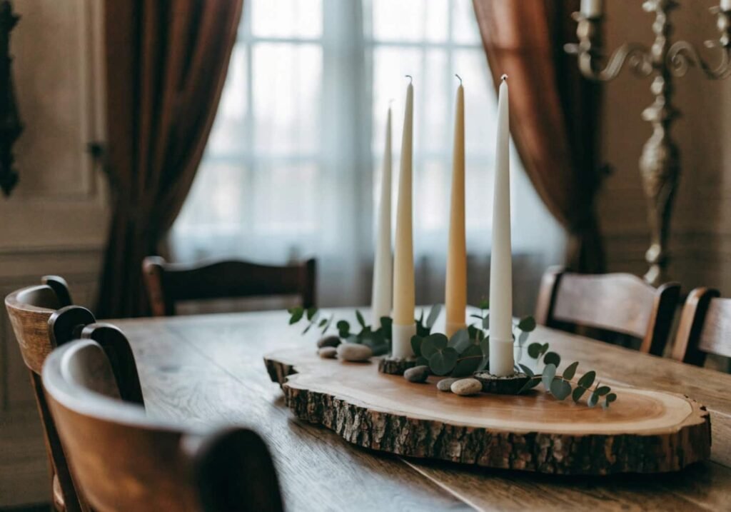 Wooden dining table centerpiece with staggered candles and eucalyptus greenery arranged on a wood slab tray