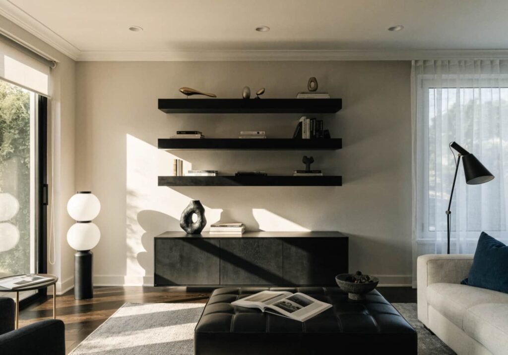 Modern storage solutions including floating shelves and a multi-purpose storage ottoman.