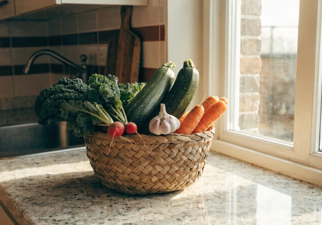 Handmade seagrass basket holding produce on a kitchen counter