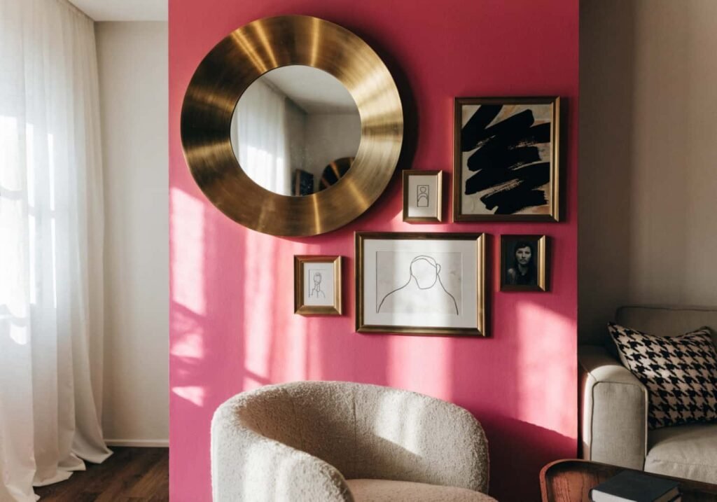 A pink accent wall with a round brushed brass mirror and matching brass picture frames arranged in a gallery layout.