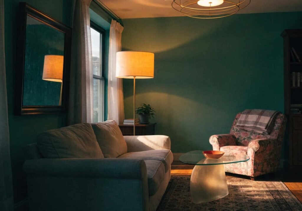 Layered warm lighting in a dark green living room with a mirror reflecting natural light.