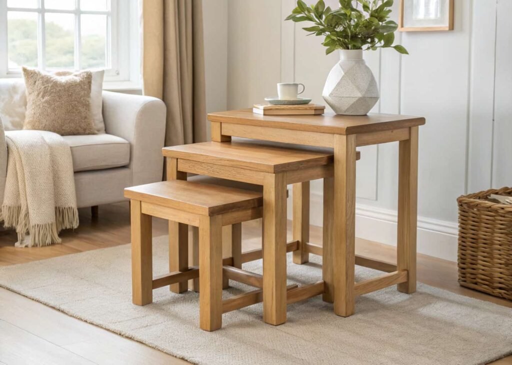 Nesting side tables stacked to save space in a small living room, expandable for extra surface area when needed.