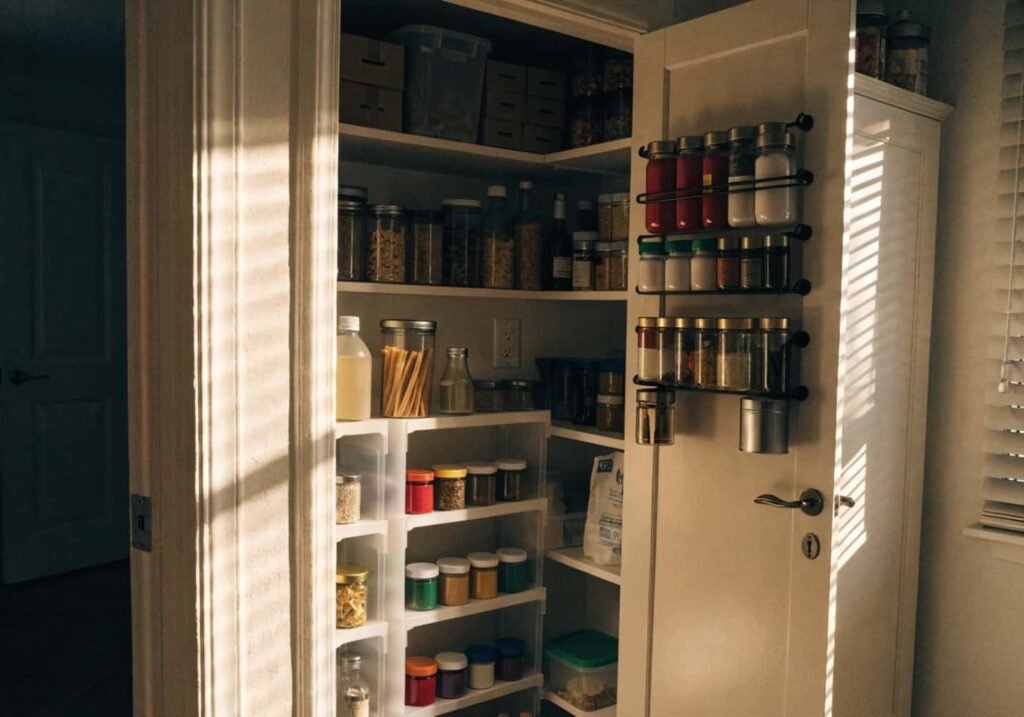 Vertical shelf risers demonstrating space-saving kitchen pantry organization hacks