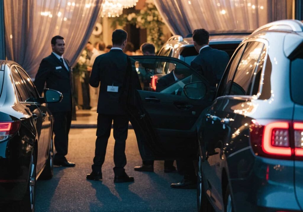 Valet parking service outside an indoor wedding venue entrance.