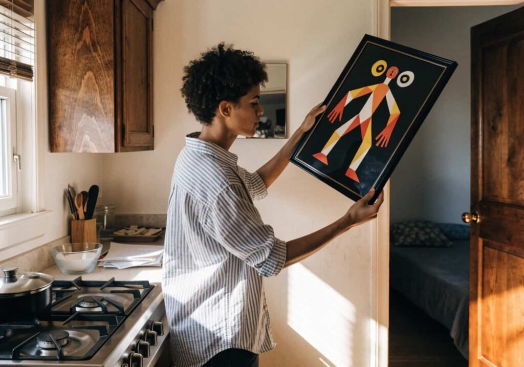 Checking the size and placement of an Afrohemian art print against a kitchen wall