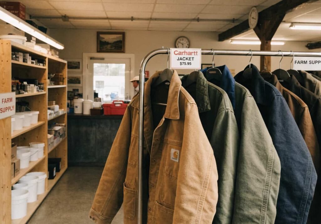 Rack of authentic Carhartt jackets displayed in a retail store