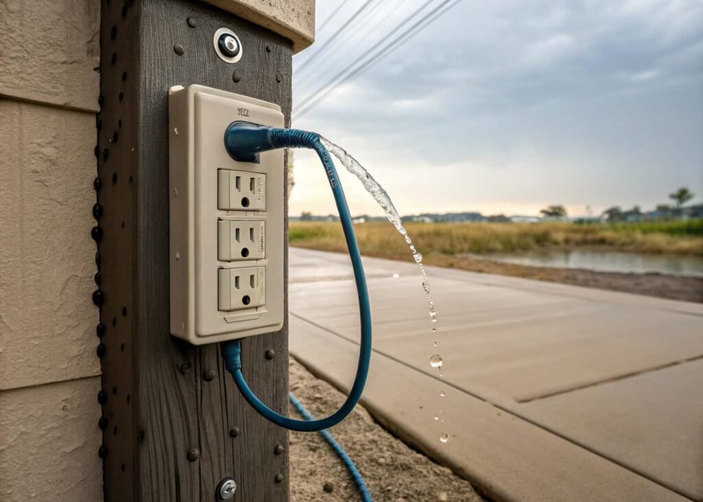 GFCI outlet safely powering an outdoor fountain pump with a drip loop in the cord.