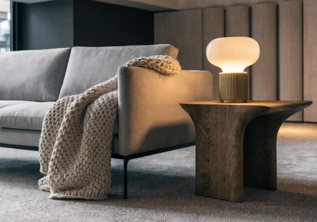 Balancing modern furniture with cozy textures and warm lighting for a comfortable living room.