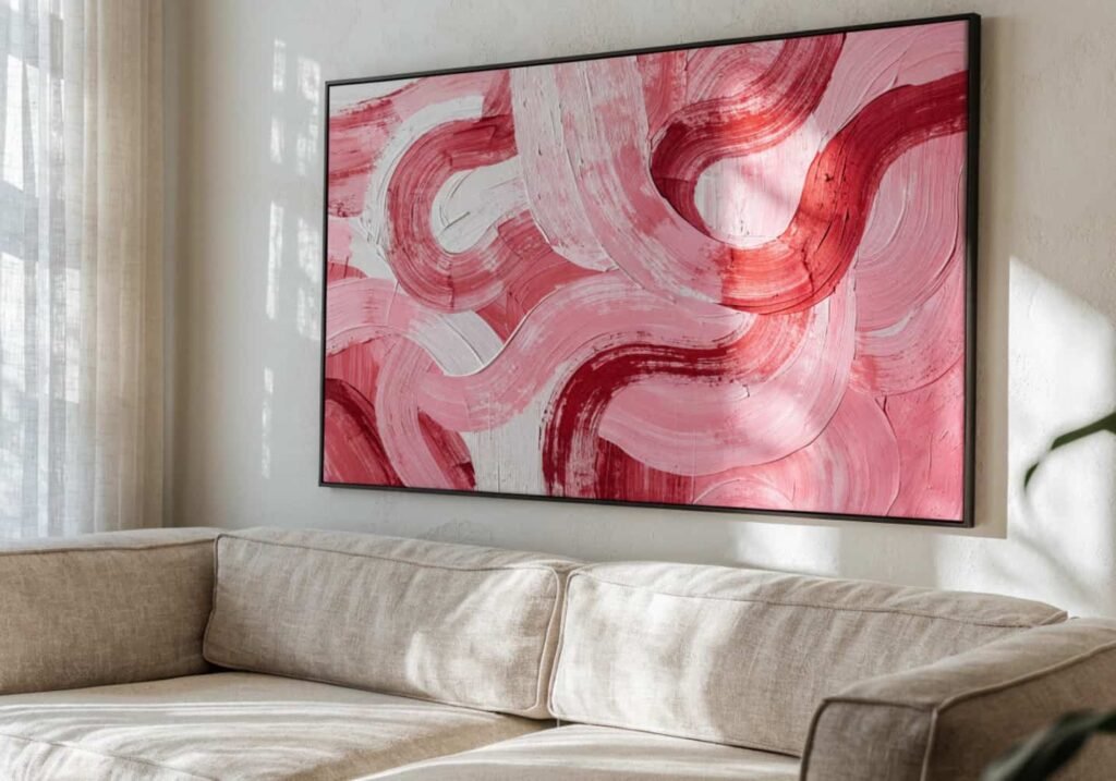 A large abstract pink and terracotta art print in a thin black frame hung above a beige sofa.