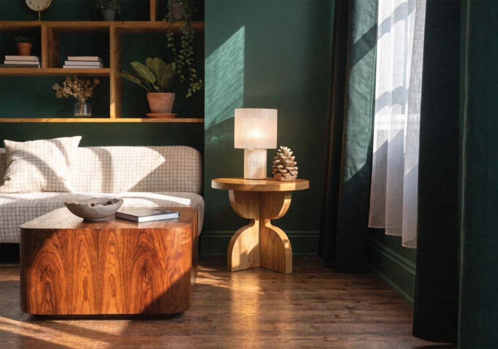 Warm wood coffee table and shelving paired with green walls and furniture.