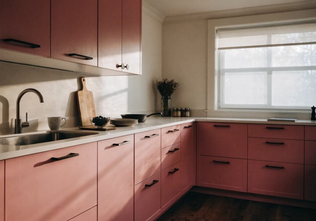 Dusty pink kitchen cabinets with black hardware and white countertops
