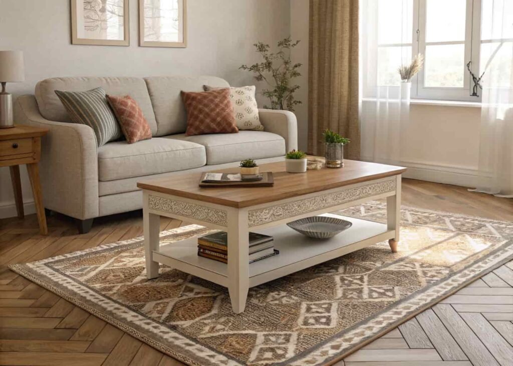 Rug positioned under the front legs of sofa and coffee table to visually anchor a small living room layout.