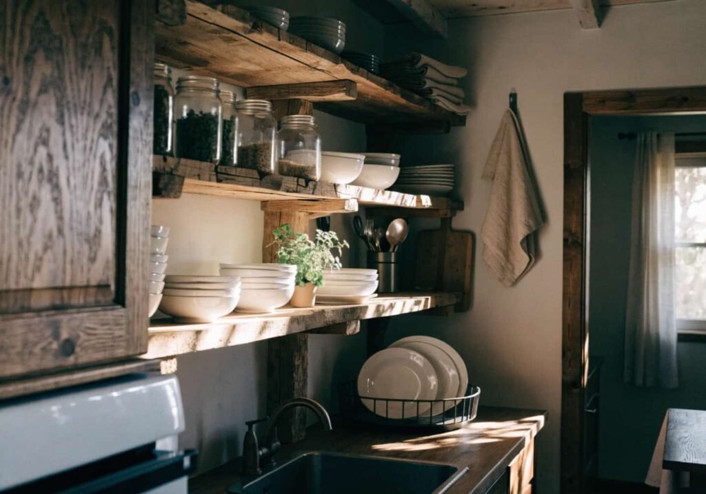 Modern minimalist open shelving with a clean, uncluttered kitchen look.
