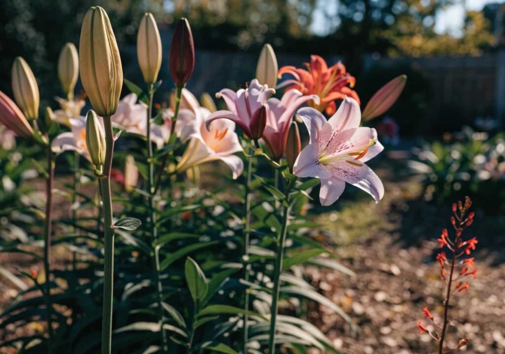 Garden bed of mixed lily varieties blooming in warm summer light