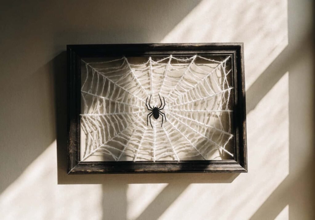DIY yarn spider web craft made inside a picture frame with a paper spider.