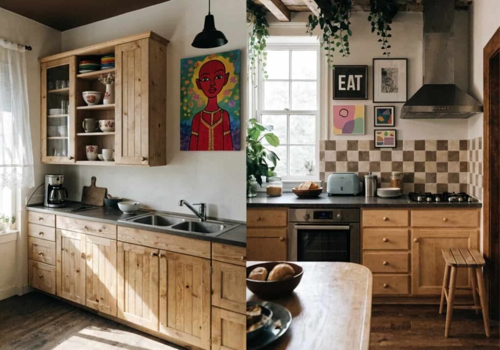 Small and large kitchens both styled with Afrohemian wall art in different layouts