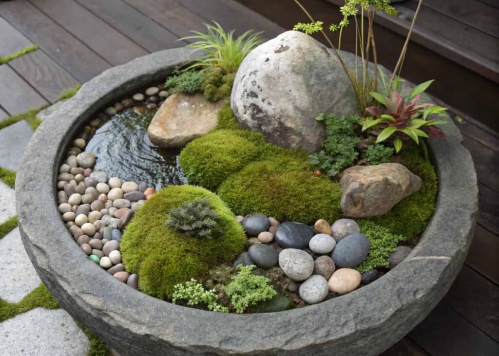 Fountain basin decorated with layered river stones and moss for a natural look.