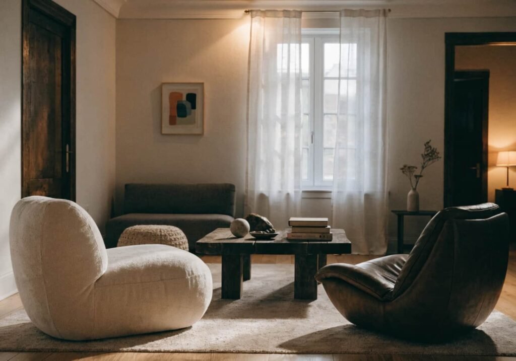 Hygge-style living room with circular seating and minimal warm decor