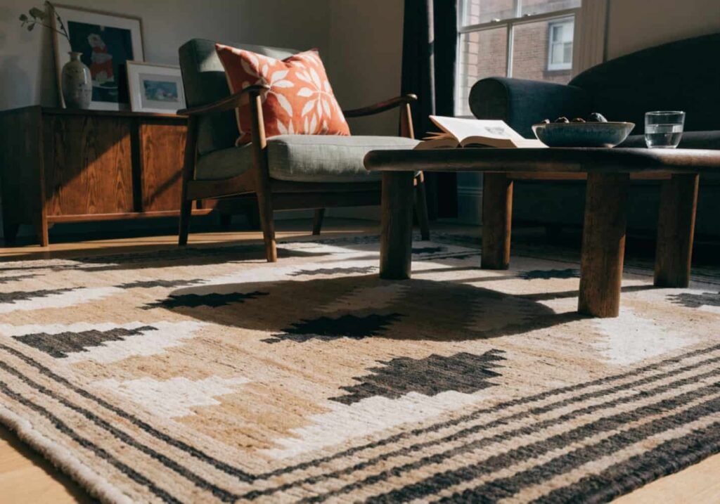 Hand-knotted wool rug beneath a living room coffee table
