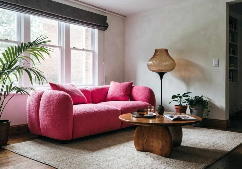 A living room with one pink sofa balanced by neutral walls, a wooden coffee table, and green plants.