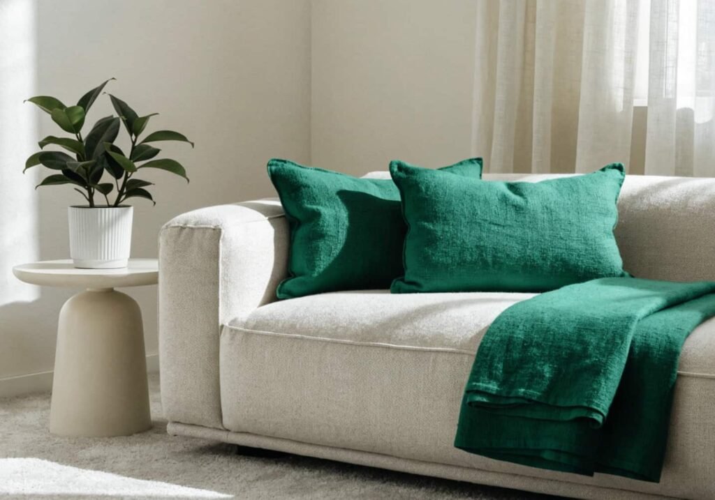Budget-friendly green throw pillows and a single statement plant styling a neutral sofa.