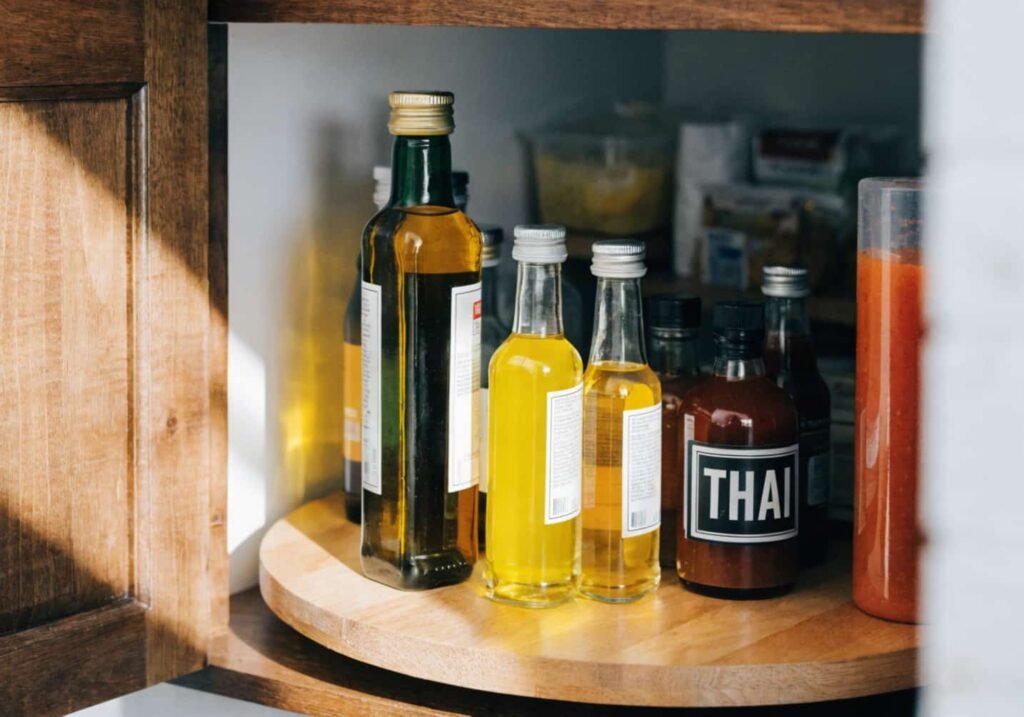 Lazy Susan turntable used for easy access, a favorite among kitchen pantry organization hacks