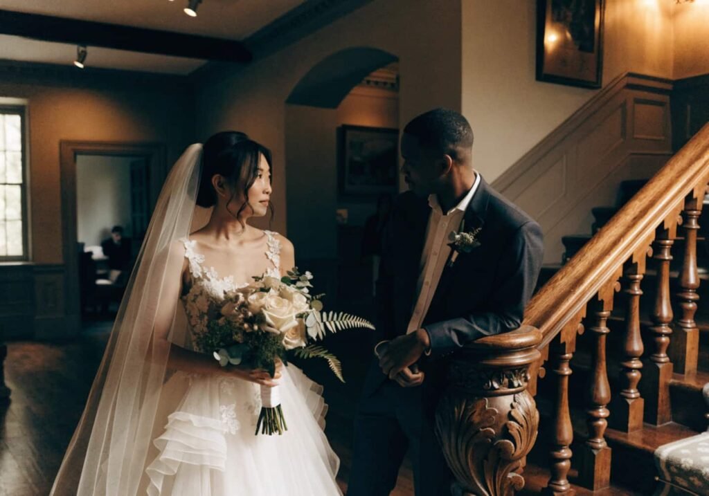 Couple posing on an indoor staircase for wedding photography away from the main hall.