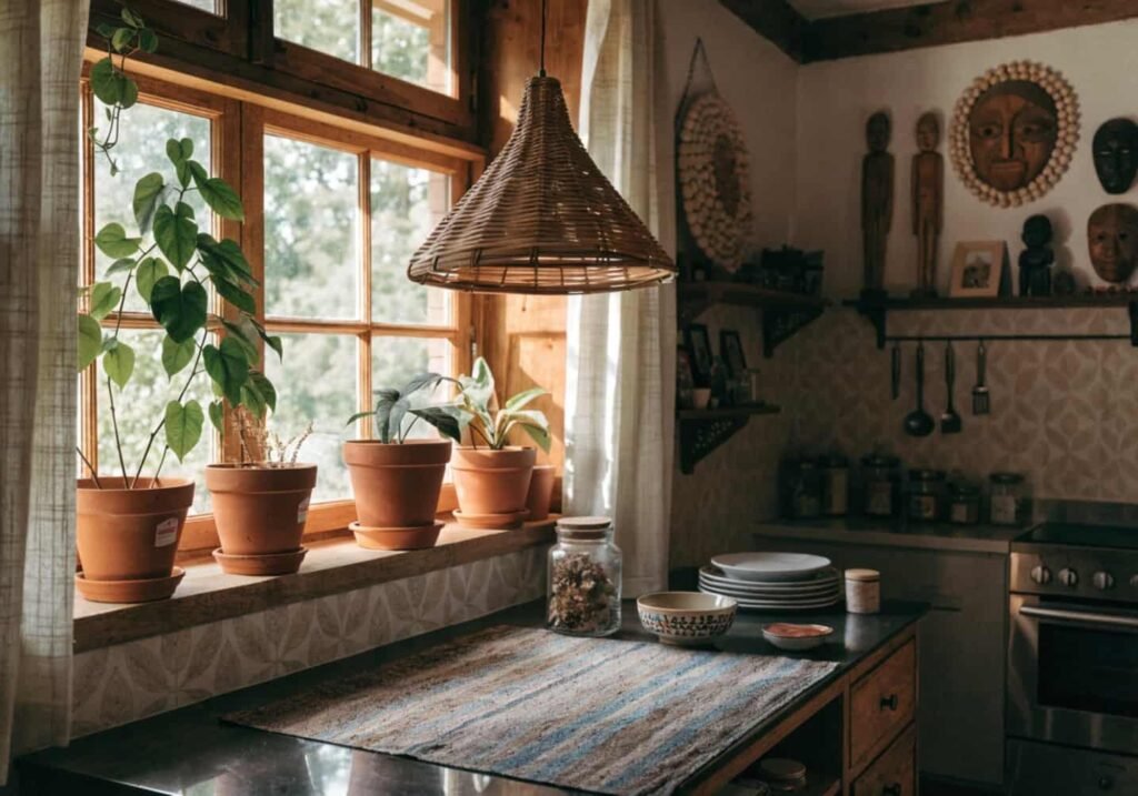 Rattan pendant light and terracotta pots paired with Afrohemian wall art in a styled kitchen