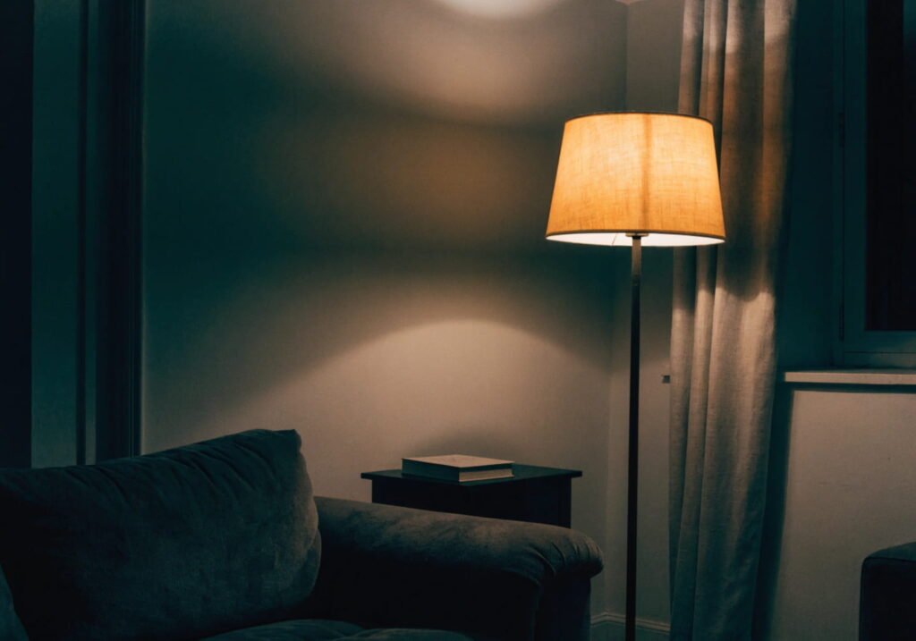 A dim living room corner illuminated by a floor lamp with light bouncing softly off the ceiling and nearby wall