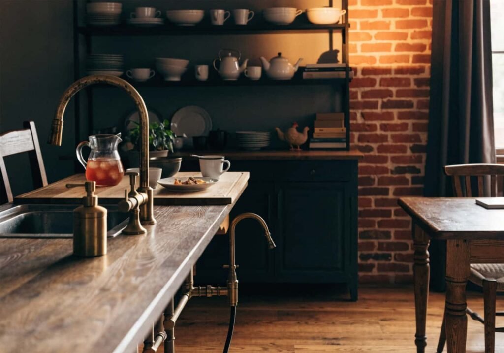 Unlacquered brass and exposed brick balancing glam and grit in Neo Art Deco kitchen