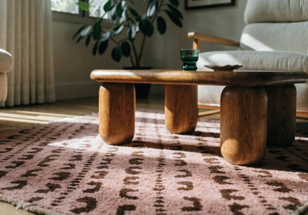 A patterned dusty pink wool rug under a wooden coffee table in a naturally lit living room.