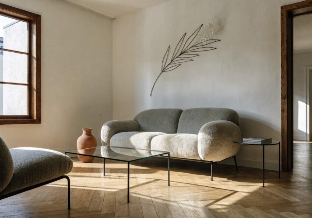 Modern green living room styled with matte black accents and a terracotta vase
