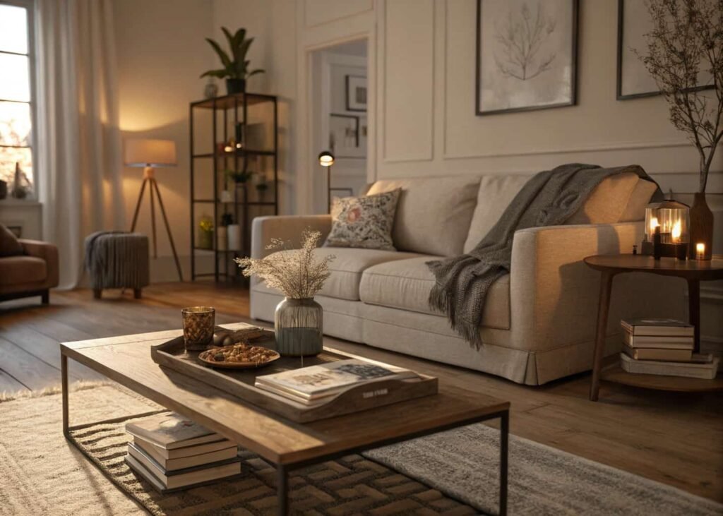 Living room with sofa repositioned away from wall and styled coffee table tray