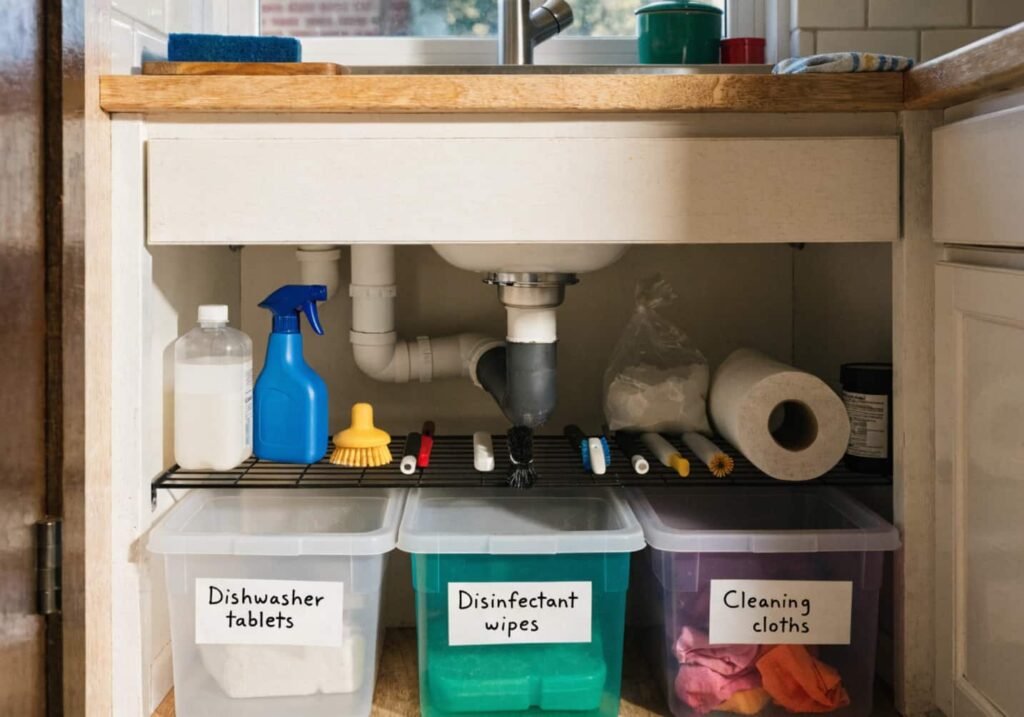 Organized under-sink cabinet with wire shelf and cleaning supply bins
