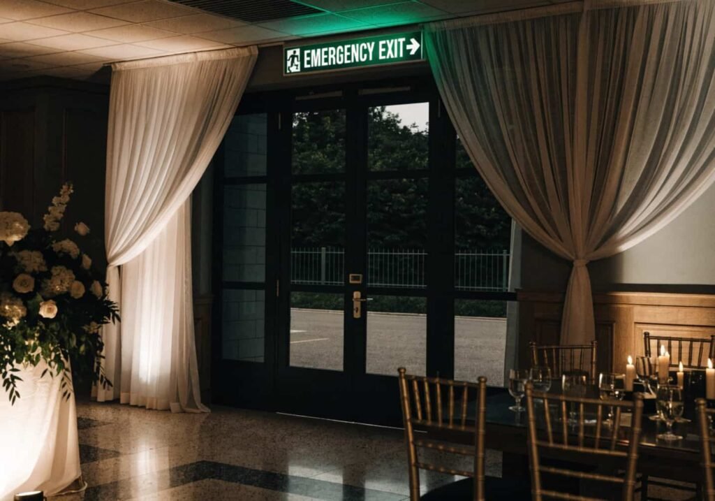 Clearly marked emergency exit kept unobstructed in an indoor wedding hall.