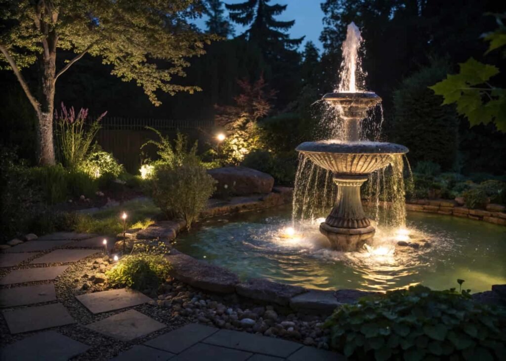 Homemade fountain lit at night with a submersible LED light illuminating the falling water.