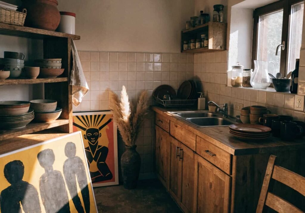 Lived-in Afrohemian kitchen with open shelving, earthenware, and dried pampas grass