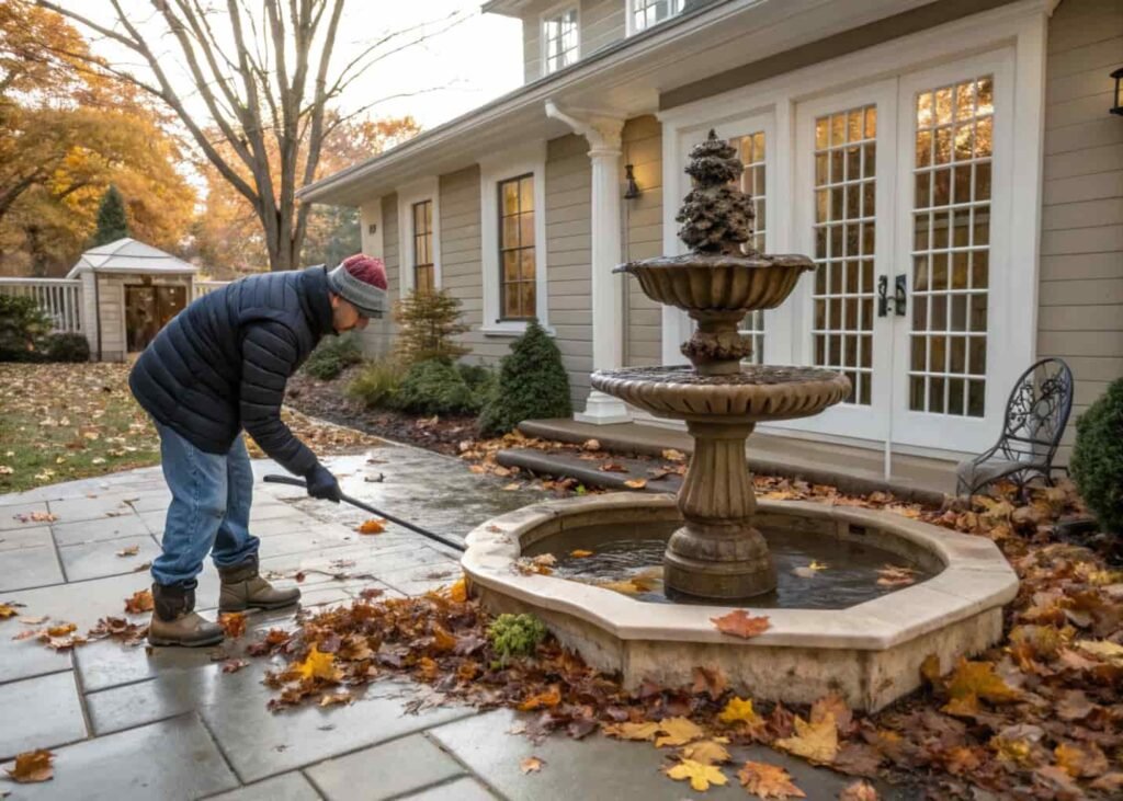 Draining and covering a homemade outdoor fountain before winter to prevent freeze damage.