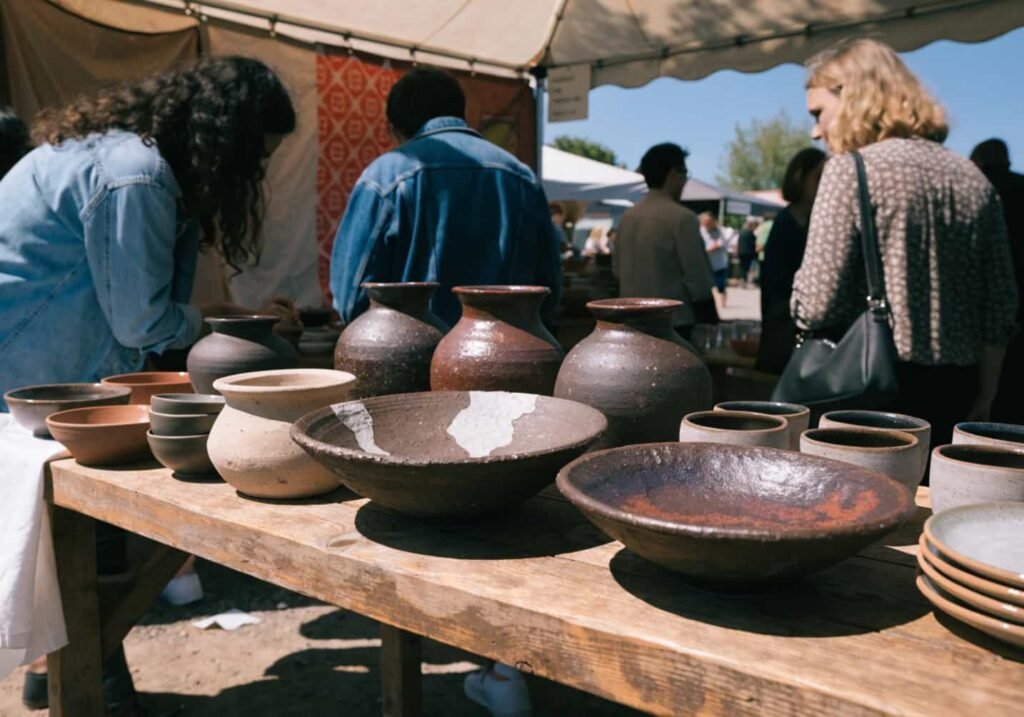 Handmade ceramics displayed at a local artisan market stall