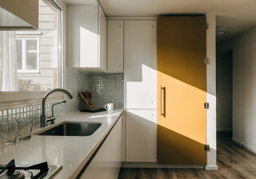 Mustard yellow accent cabinet in an otherwise white kitchen