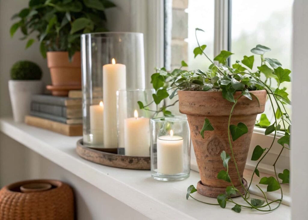 Budget shelf styling with glass candle holders and terracotta pothos planter