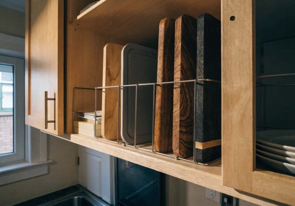 Cabinet dividers holding cutting boards and trays upright