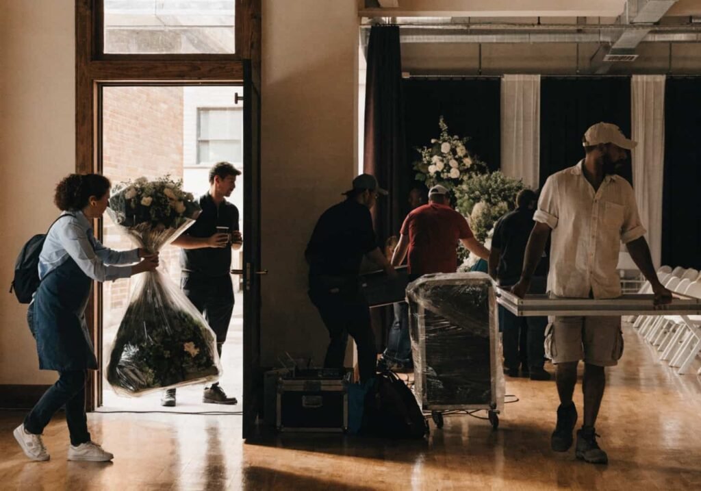 Vendors coordinating load-in of decor and equipment at an indoor wedding venue.