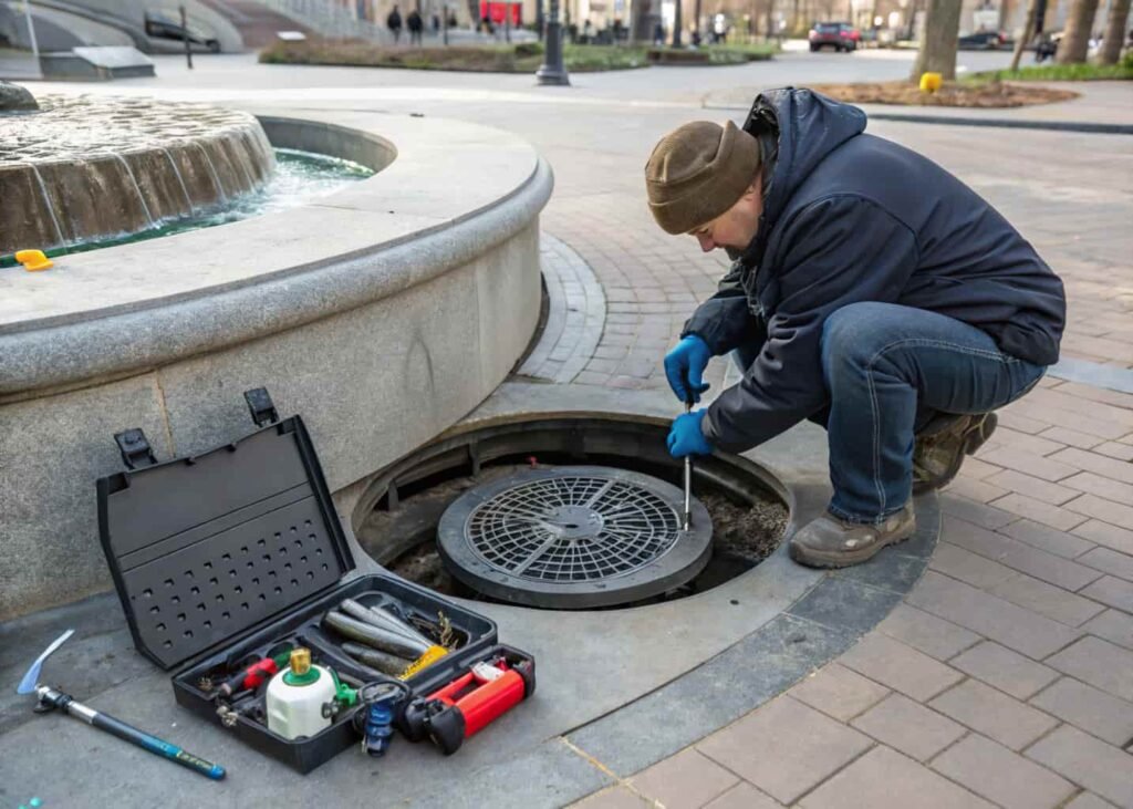Checking a fountain pump intake for clogs as part of basic troubleshooting.