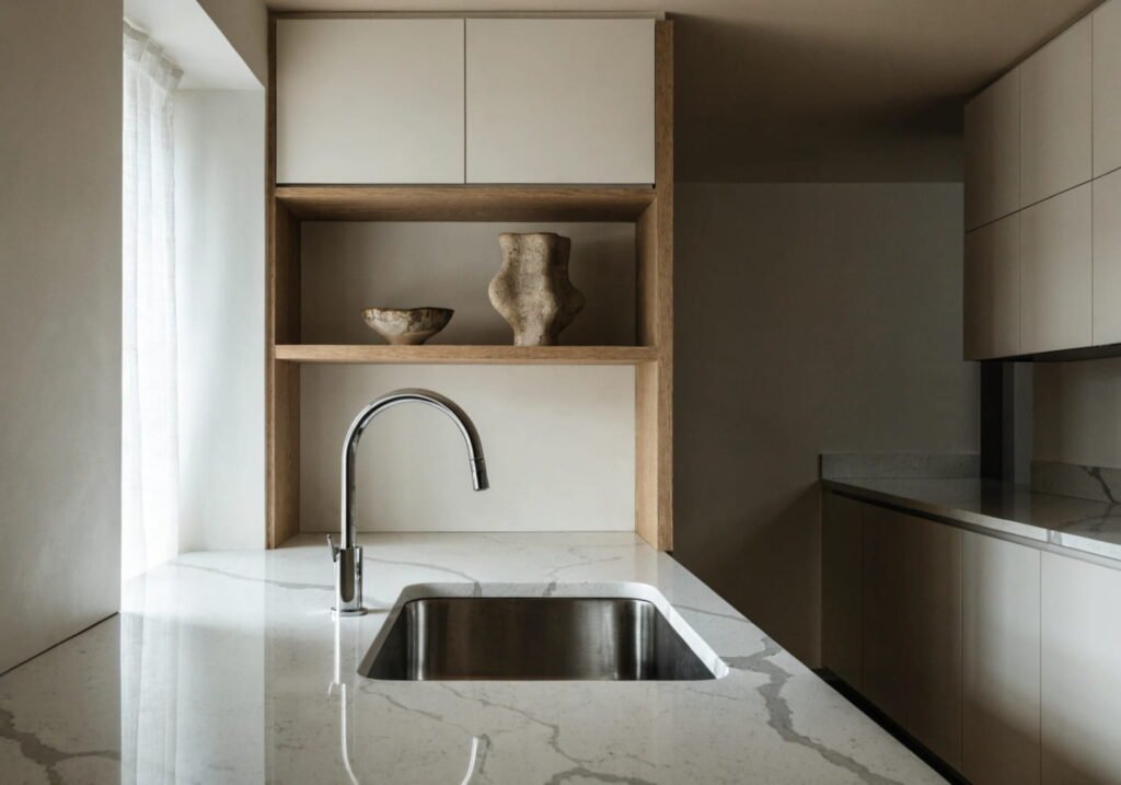 Handmade stoneware accents in a minimalist modern kitchen